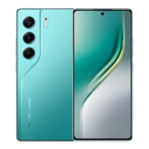 Tecno Camon 40 smartphone in emerald lake green, front and back view