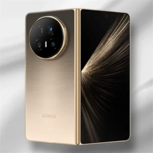 Honor Magic V5 smartphone in gold, front and back view