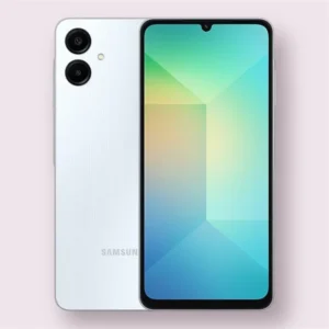 Samsung Galaxy A06 5G smartphone in gray, front and back view