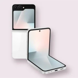 Samsung Galaxy Z Flip7 FE smartphone in white, front and back view