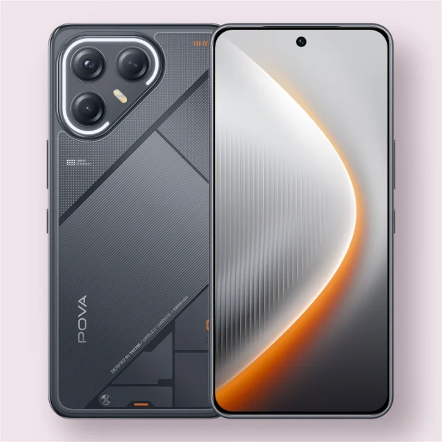 Tecno Pova 7 Ultra smartphone in black, front and back view