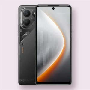 Tecno Pova 7 smartphone in black, front and back view