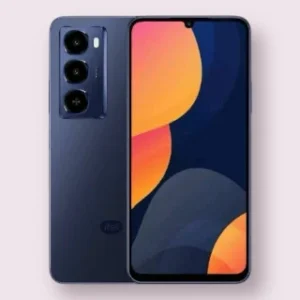 Itel City 100 smartphone in navy blue, front and back view