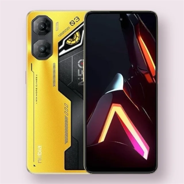 Nubia neo 3 smartphone in titanium gold, front and back view