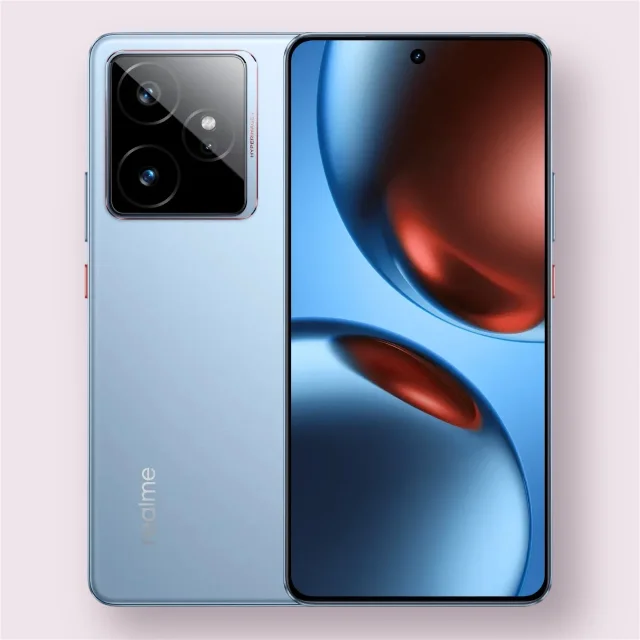 Realme GT 7 smartphone in icesense blue, front and back view