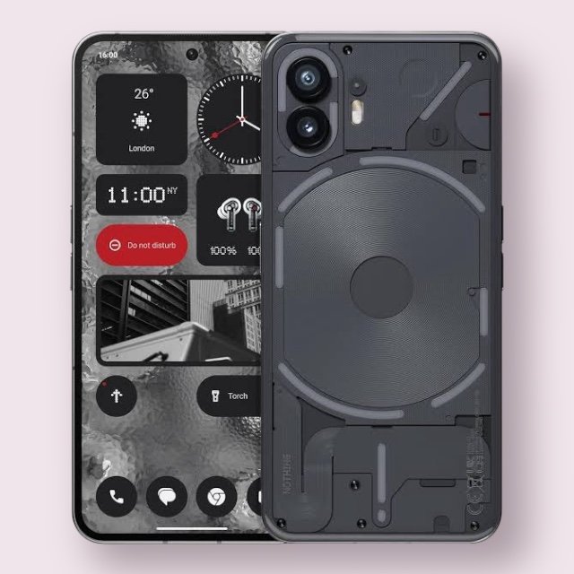 Nothing Phone (2) smartphone in black, front and back view