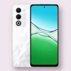 Oppo A5 smartphone in mist white, front and back view