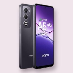 Oppo A5 4G smartphone in midnight purple, front and back view