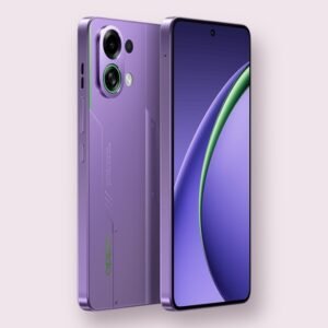 Oppo K13 Turbo smartphone in purple phantom, front and back view