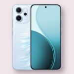 Oppo Reno14 F 5G smartphone in opal blue, front and back view