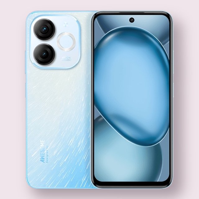 itel A80 smartphone in wave blue, front and back view